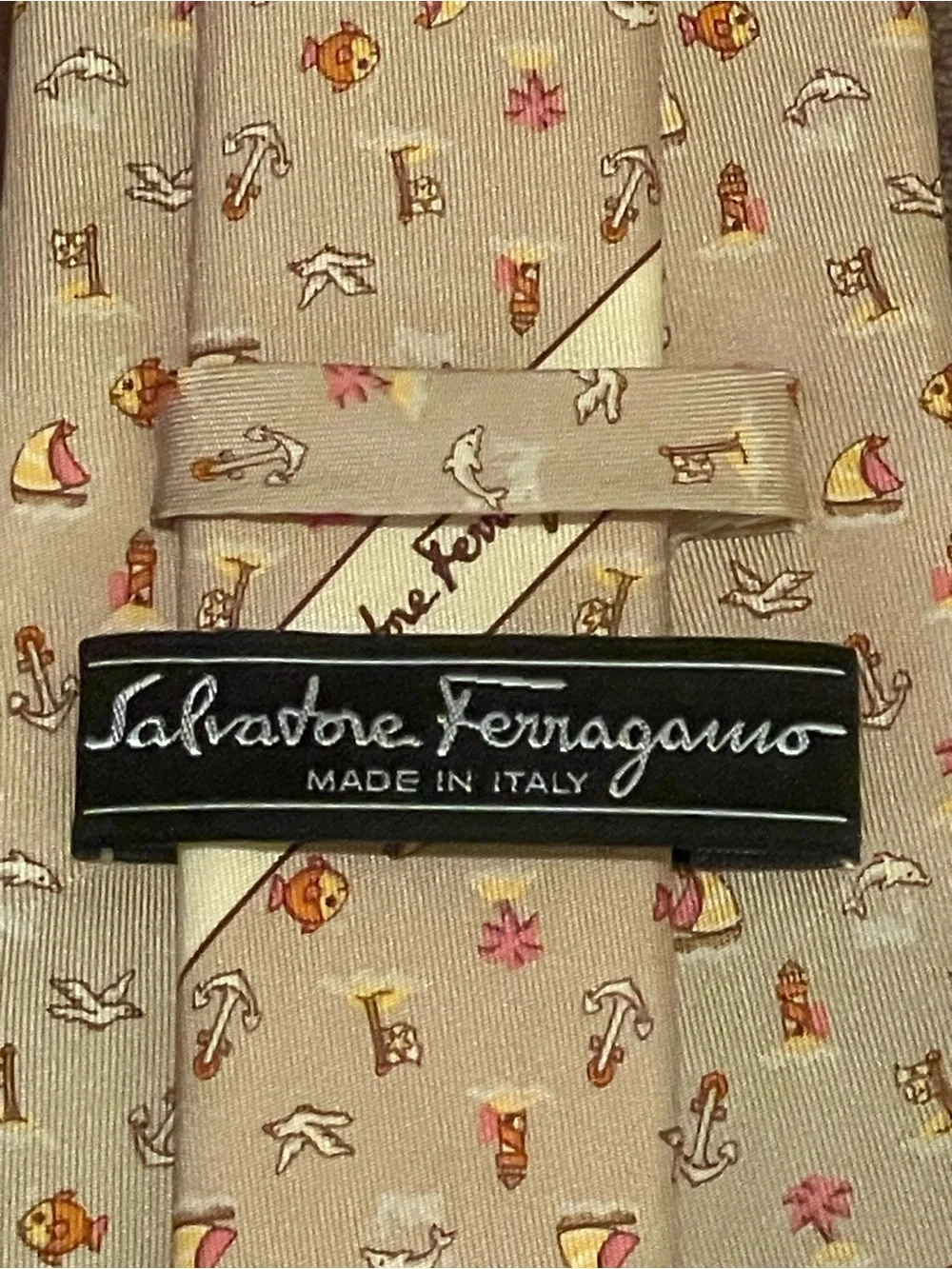 Salvatore Ferragamo Beige Silk Tie with Pastel Nautical Motifs
